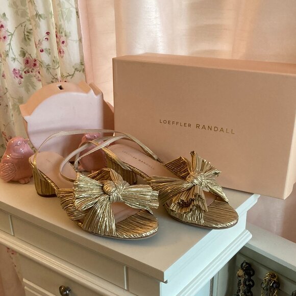 Loeffler Randall Dahlia gold ankle wrap sandals, sz. 8.5